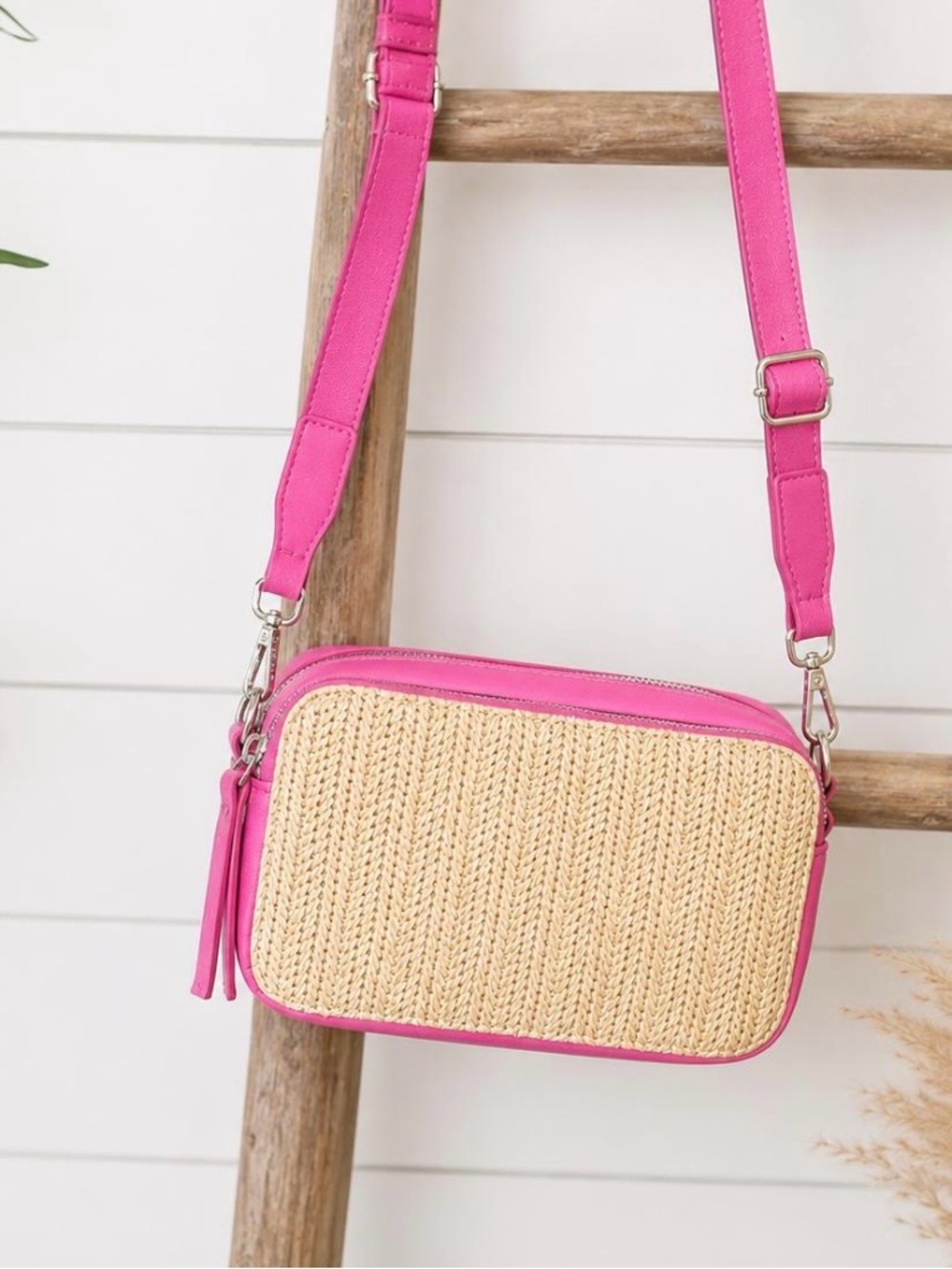 Woven Straw Crossbody with Hot Pink Trim